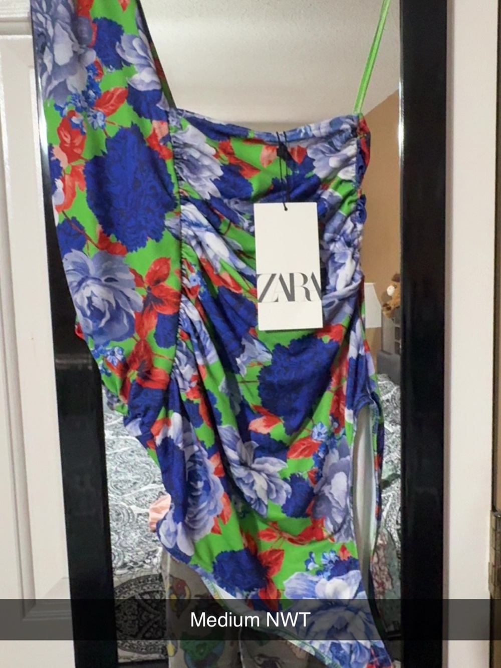ZARA Floral One-Shoulder Bodysuit- Green, Blue & Red